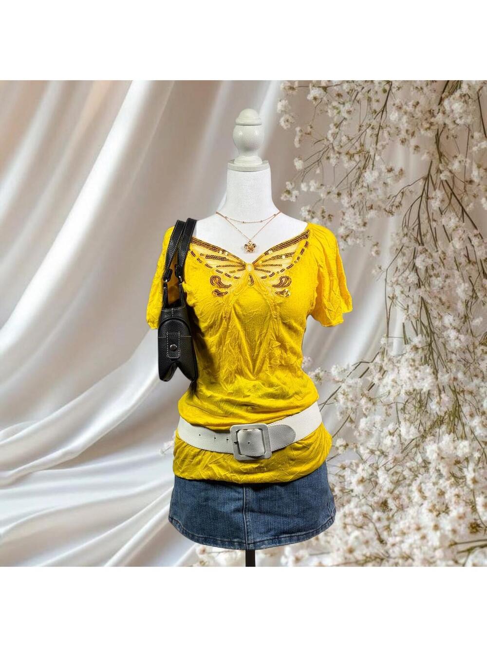 Y2K BOBBIE BROOKS BUTTERFLY EMBELLISHED TOP YELLOW